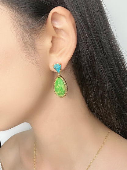 Genius Vintage Turquoise Oval-Cut Stud Earrings – Gold-Plated Copper Artistic Design