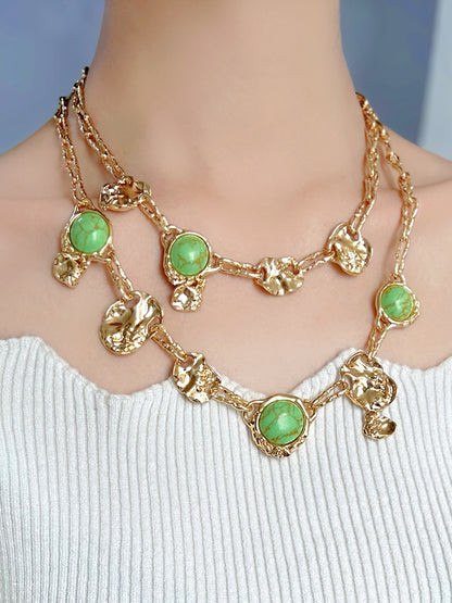 Genius Vintage Double-Layer Geometric Turquoise Necklace – Gold-Plated Copper Artistic Design