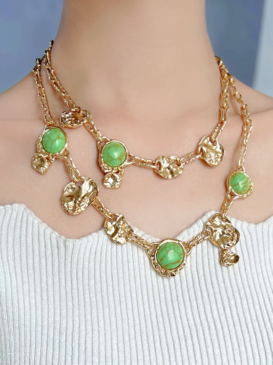Genius Vintage Double-Layer Geometric Turquoise Necklace – Gold-Plated Copper Artistic Design