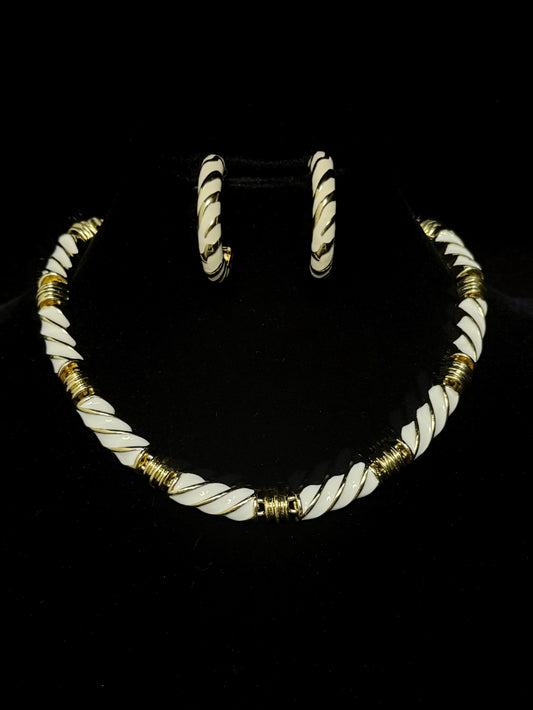 Vintage Minimalist White Enamel Choker & Stud Earrings Set – Gold-Plated Copper, 43cm Length
