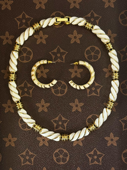 Vintage Minimalist White Enamel Choker & Stud Earrings Set – Gold-Plated Copper, 43cm Length