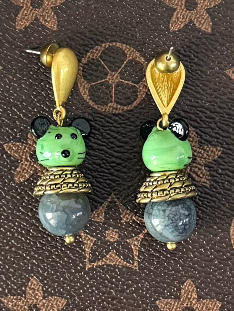Vintage Enamel Mouse Stud Earrings – Gold-Plated Copper with Natural Stone Inlay