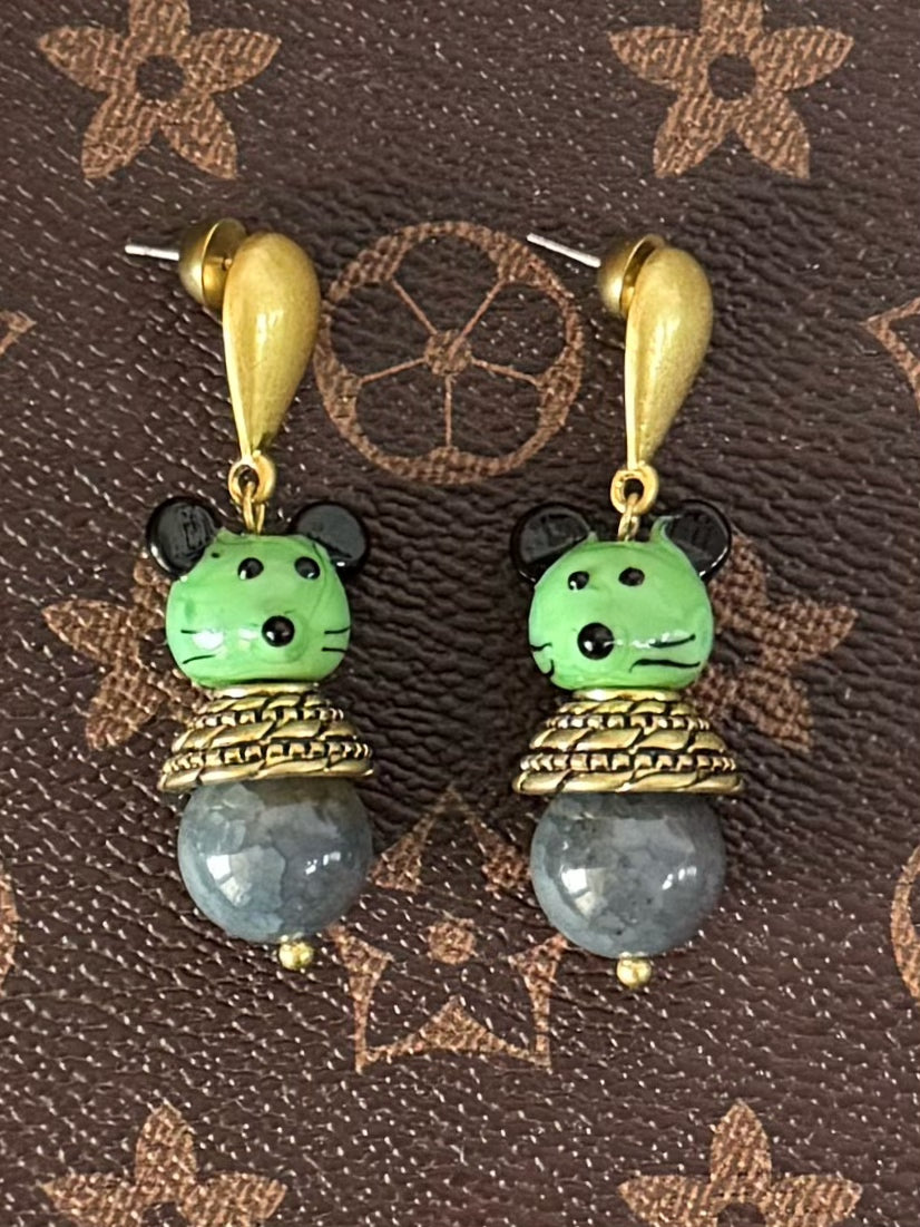 Vintage Enamel Mouse Stud Earrings – Gold-Plated Copper with Natural Stone Inlay