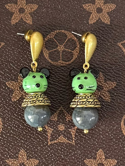 Vintage Enamel Mouse Stud Earrings – Gold-Plated Copper with Natural Stone Inlay
