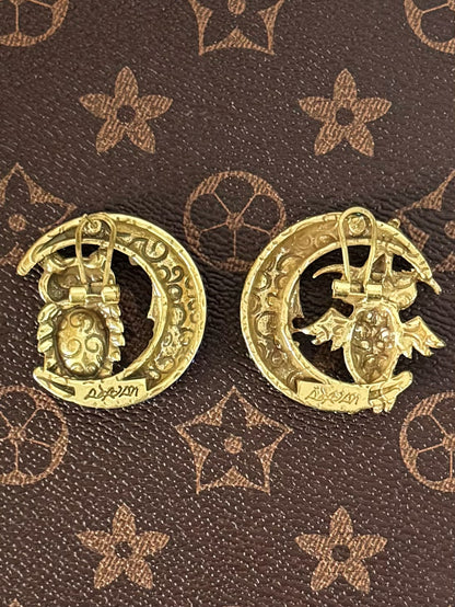 Vintage Mismatched Owl & Moon Clip-On Earrings – Gold-Plated Copper with Blue & Green Rhinestones (AB Design)