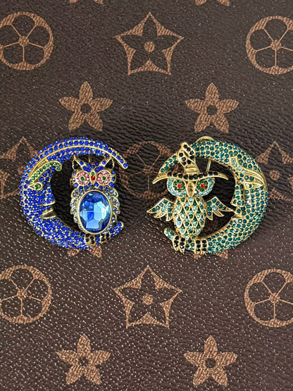 Vintage Mismatched Owl & Moon Clip-On Earrings – Gold-Plated Copper with Blue & Green Rhinestones (AB Design)