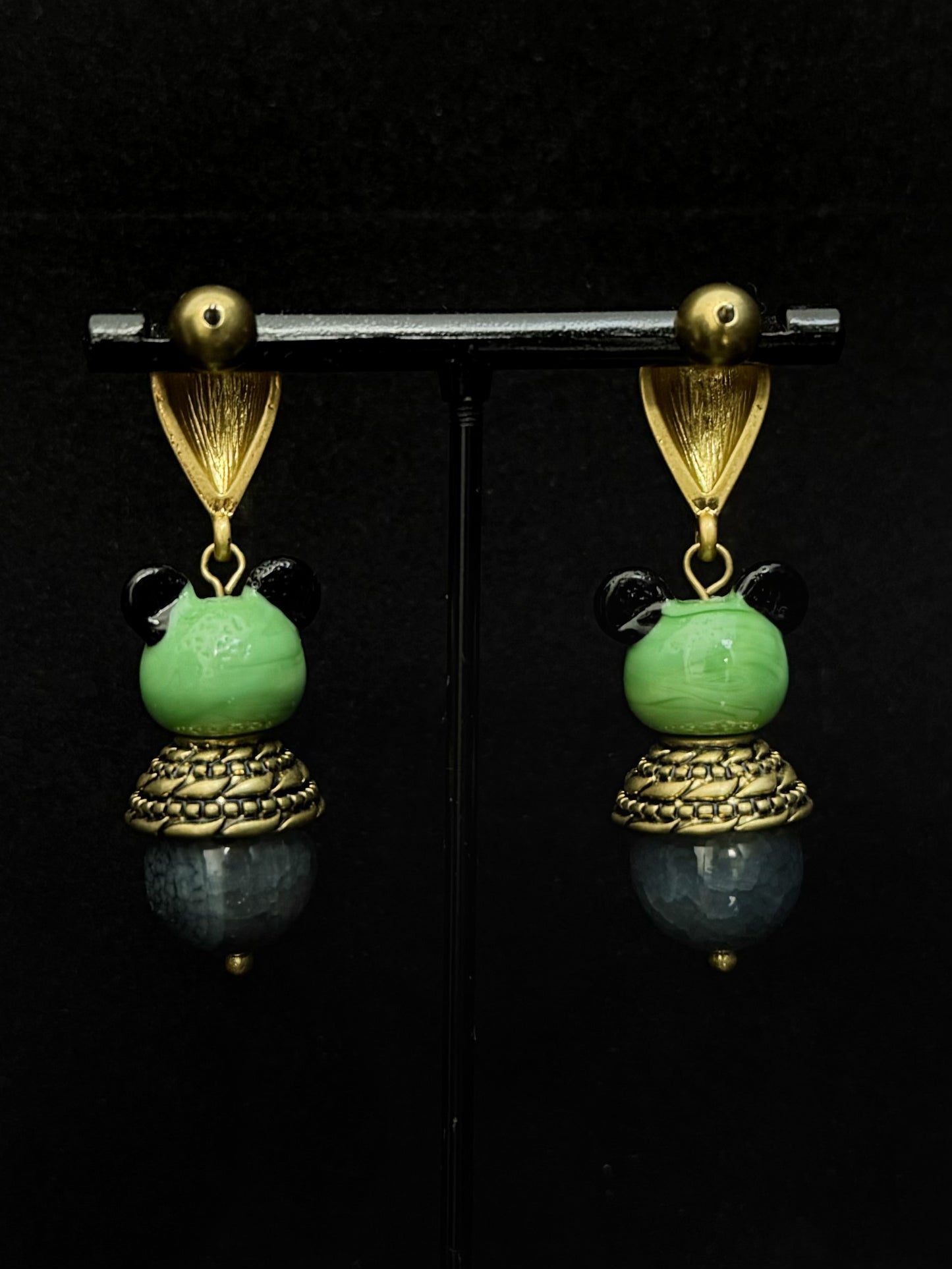 Vintage Enamel Mouse Stud Earrings – Gold-Plated Copper with Natural Stone Inlay