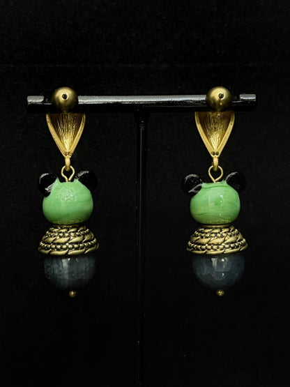 Vintage Enamel Mouse Stud Earrings – Gold-Plated Copper with Natural Stone Inlay