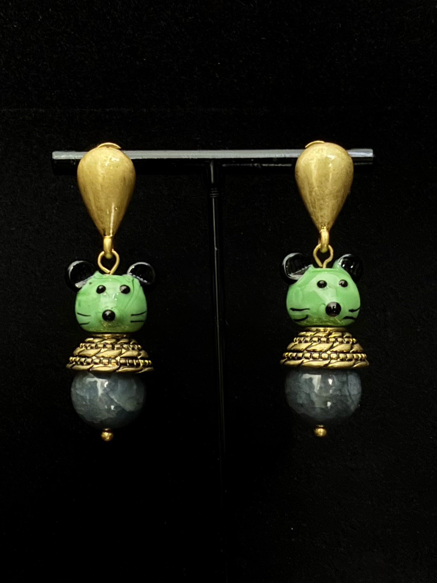 Vintage Enamel Mouse Stud Earrings – Gold-Plated Copper with Natural Stone Inlay