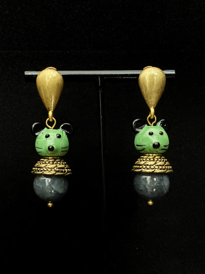 Vintage Enamel Mouse Stud Earrings – Gold-Plated Copper with Natural Stone Inlay