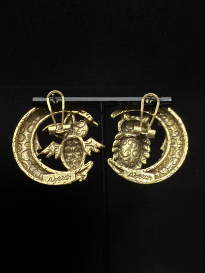 Vintage Mismatched Owl & Moon Clip-On Earrings – Gold-Plated Copper with Blue & Green Rhinestones (AB Design)