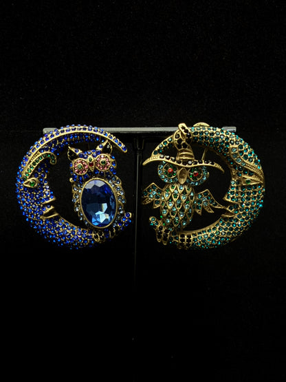 Vintage Mismatched Owl & Moon Clip-On Earrings – Gold-Plated Copper with Blue & Green Rhinestones (AB Design)