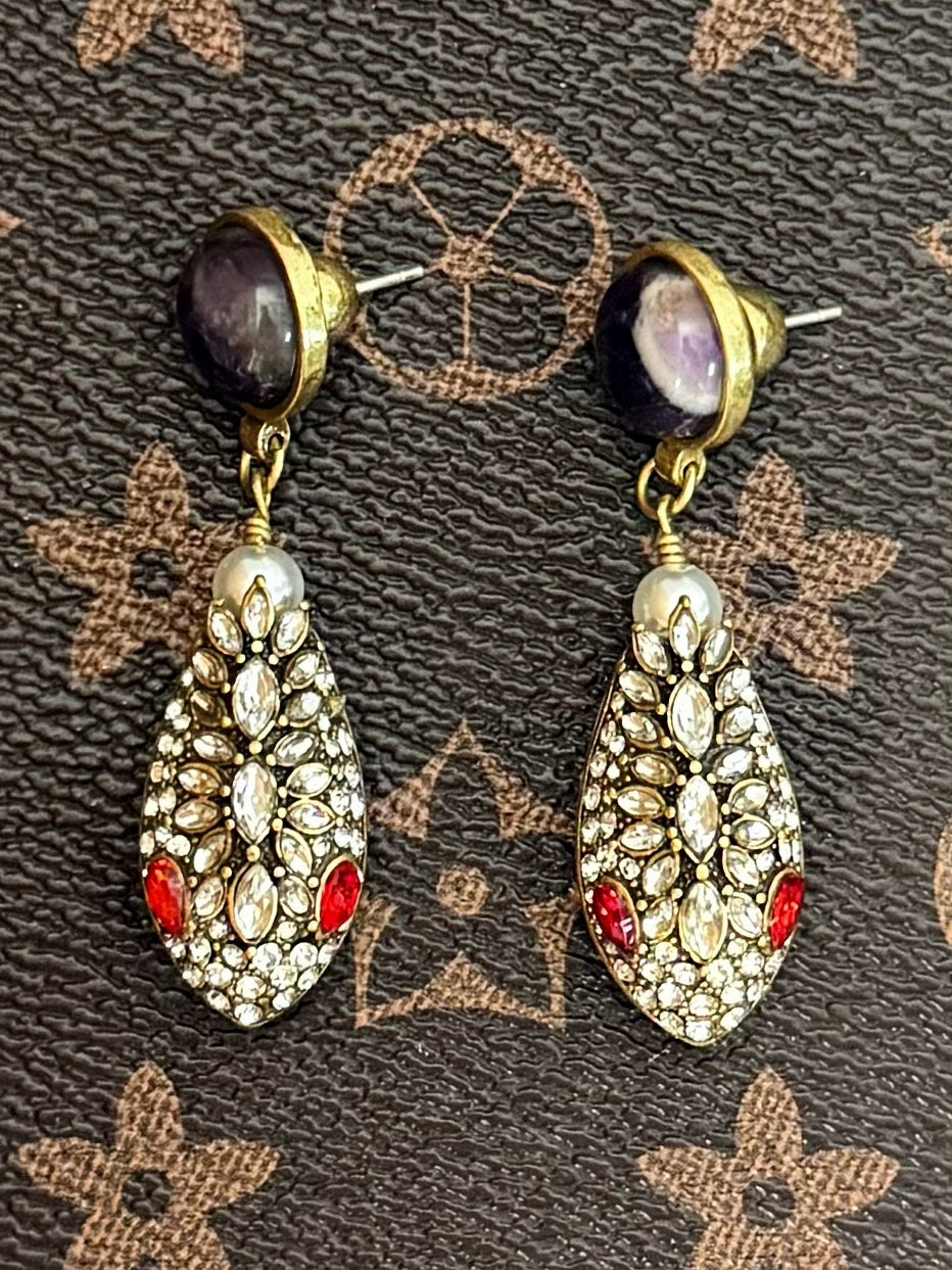 Bold Vintage Snake Head Drop Earrings – Gold-Plated Copper with Amethyst & Pavé Zircon Detailing