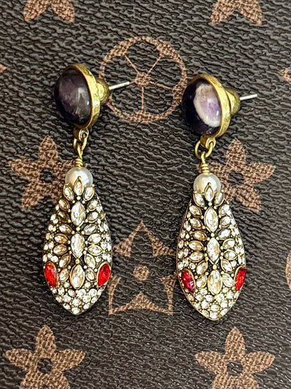 Bold Vintage Snake Head Drop Earrings – Gold-Plated Copper with Amethyst & Pavé Zircon Detailing
