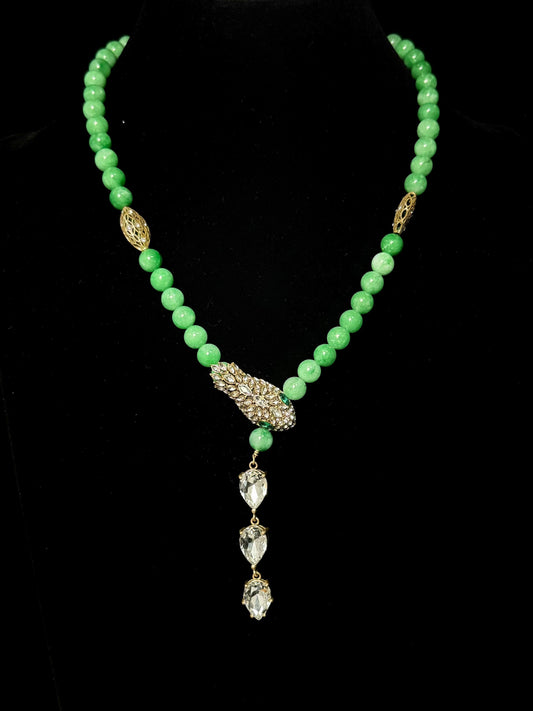 Vintage Green Natural Stone Necklace with Gold-Plated Zircon-Encrusted Serpent Pendant