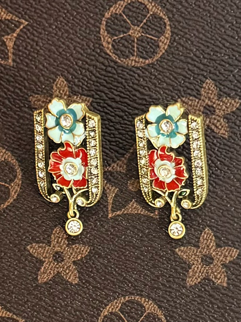 Handmade Vintage Enamel Flower Earrings - Antique Gold Plated Copper with Full CZ Stone Pavé | Boho Elegant Statement Bridal Jewelry