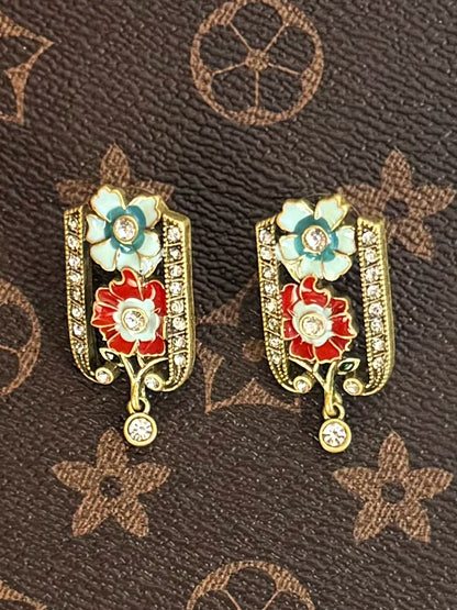 Handmade Vintage Enamel Flower Earrings - Antique Gold Plated Copper with Full CZ Stone Pavé | Boho Elegant Statement Bridal Jewelry