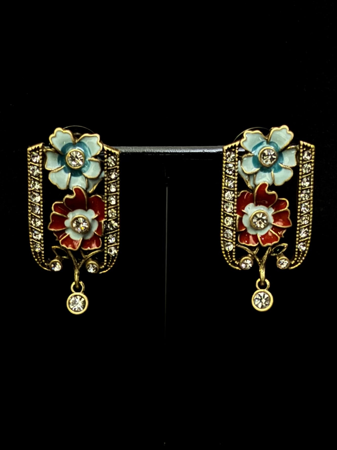 Handmade Vintage Enamel Flower Earrings - Antique Gold Plated Copper with Full CZ Stone Pavé | Boho Elegant Statement Bridal Jewelry