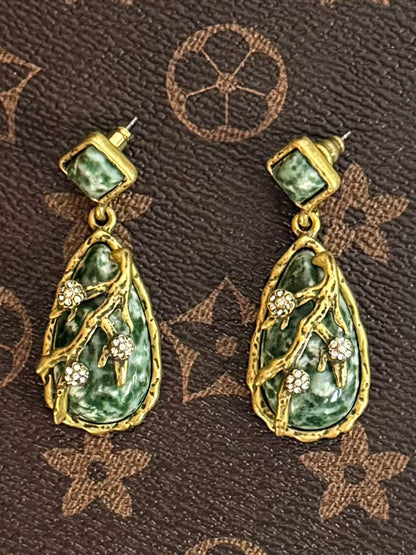 Handmade Antique Gold Plated Copper Earrings with Natural Celadon Jade Teardrop Stones - Boho Vintage Statement Drop Earrings for Women