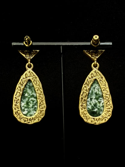 Handmade Antique Gold Plated Copper Earrings with Natural Celadon Jade Teardrop Stones - Boho Vintage Statement Drop Earrings for Women