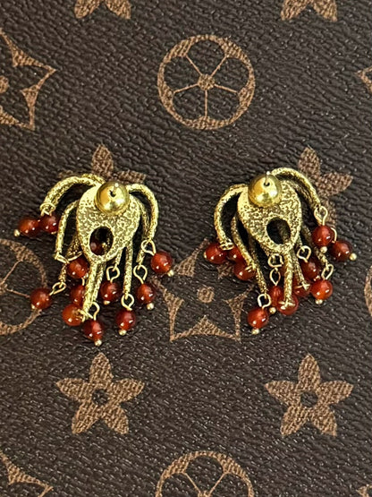 Handmade Vintage Firework Copper Gold Plated Earrings with Natural Red Stone Beads - Artisan Statement Boho Luxury Earrings