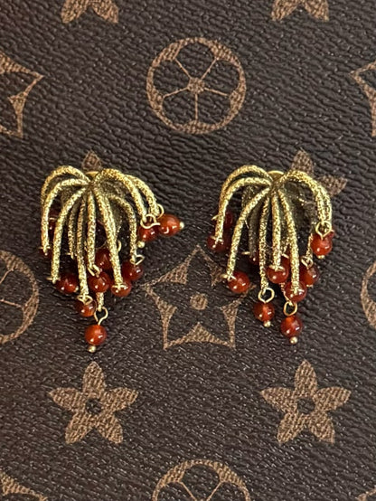 Handmade Vintage Firework Copper Gold Plated Earrings with Natural Red Stone Beads - Artisan Statement Boho Luxury Earrings