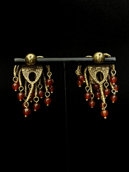 Handmade Vintage Firework Copper Gold Plated Earrings with Natural Red Stone Beads - Artisan Statement Boho Luxury Earrings