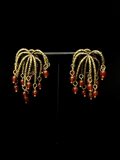Handmade Vintage Firework Copper Gold Plated Earrings with Natural Red Stone Beads - Artisan Statement Boho Luxury Earrings