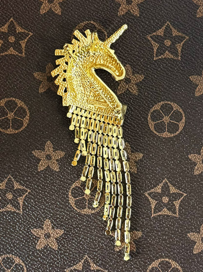Vintage Colorful Unicorn Tassel Brooch – Gold-Plated Copper with Multicolor Zircon (12cm)