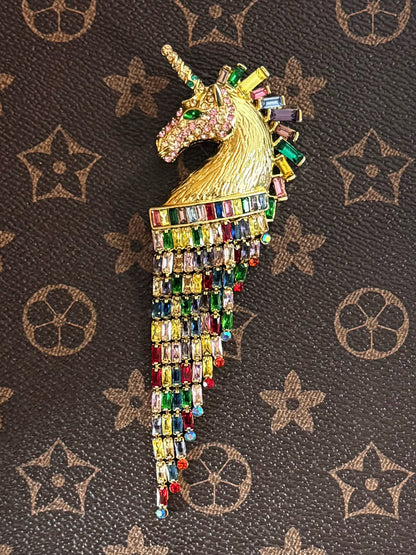 Vintage Colorful Unicorn Tassel Brooch – Gold-Plated Copper with Multicolor Zircon (12cm)