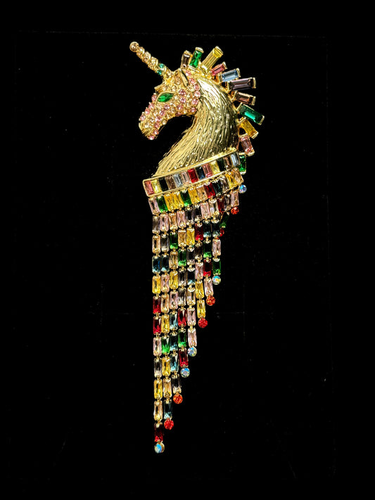 Vintage Colorful Unicorn Tassel Brooch – Gold-Plated Copper with Multicolor Zircon (12cm)