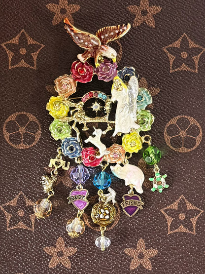 Vintage Alice in Wonderland Enamel Brooch – Angel, Bird & Floral Tassel Design with Pendant Hook (12cm)