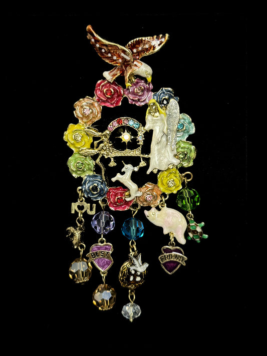 Vintage Alice in Wonderland Enamel Brooch – Angel, Bird & Floral Tassel Design with Pendant Hook (12cm)