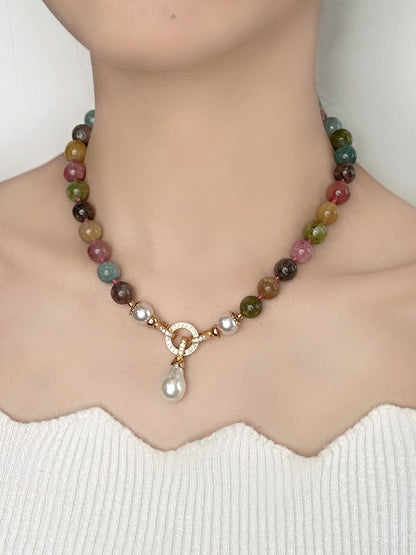 Minimalist Vintage Tourmaline Beaded Choker Necklace with Gold-Plated Clasp