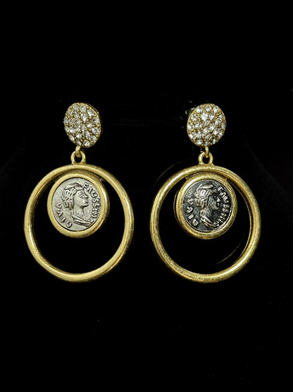 Vintage Coin Portrait Hoop Earrings – Gold-Plated Copper with Zircon Accents