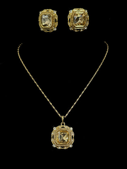 Vintage Luxury Sugar-Cut Zircon Pendant Necklace & Earrings Set – Gold-Plated Copper