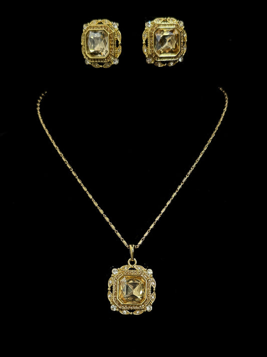 Vintage Luxury Sugar-Cut Zircon Pendant Necklace & Earrings Set – Gold-Plated Copper