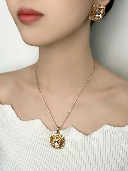 Vintage Luxury Sugar-Cut Zircon Pendant Necklace & Earrings Set – Gold-Plated Copper