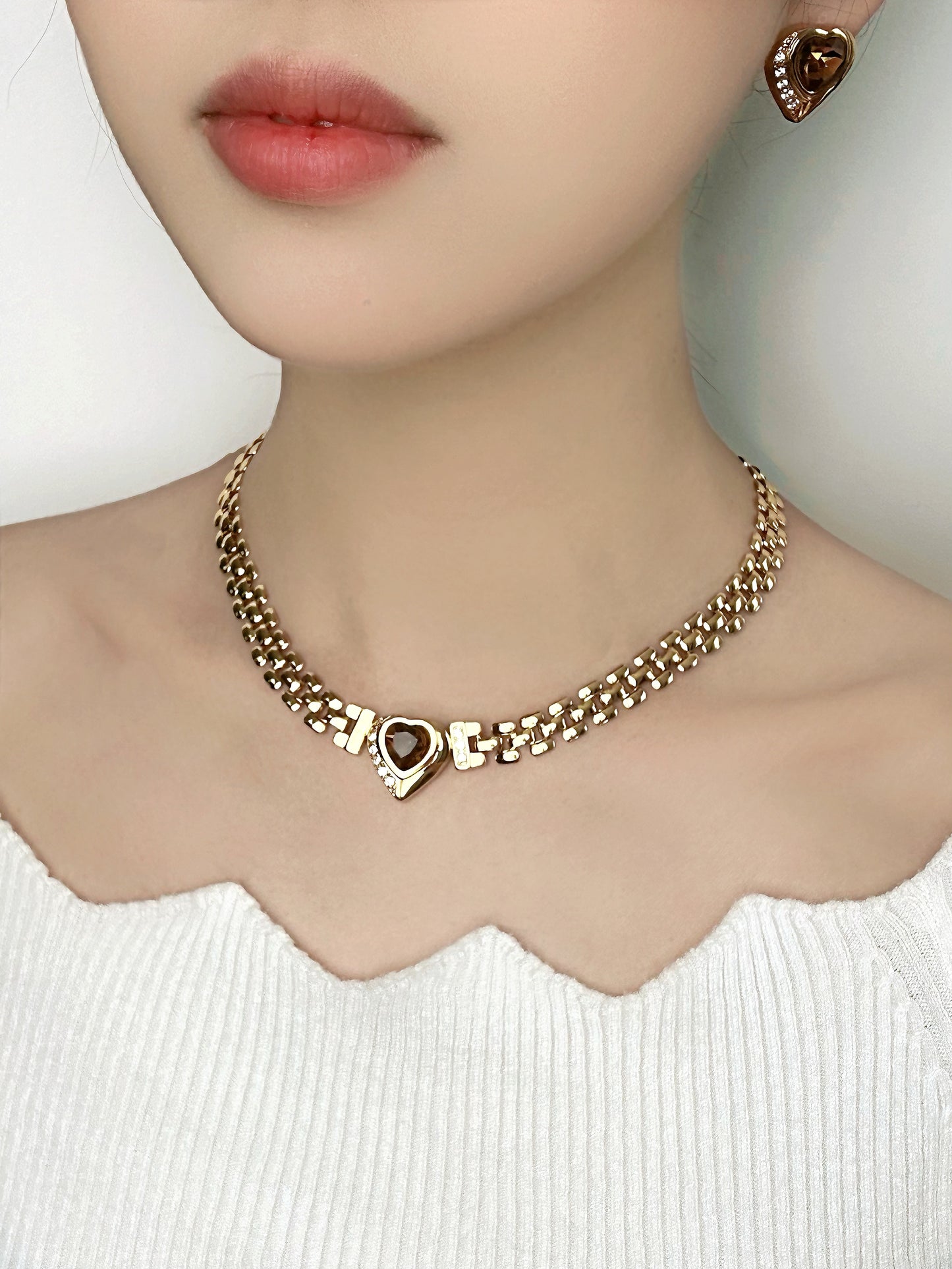 Vintage Smoky Quartz Heart Jewelry Set – Heavywork Gold-Plated Stud Earrings & Pendant Necklace