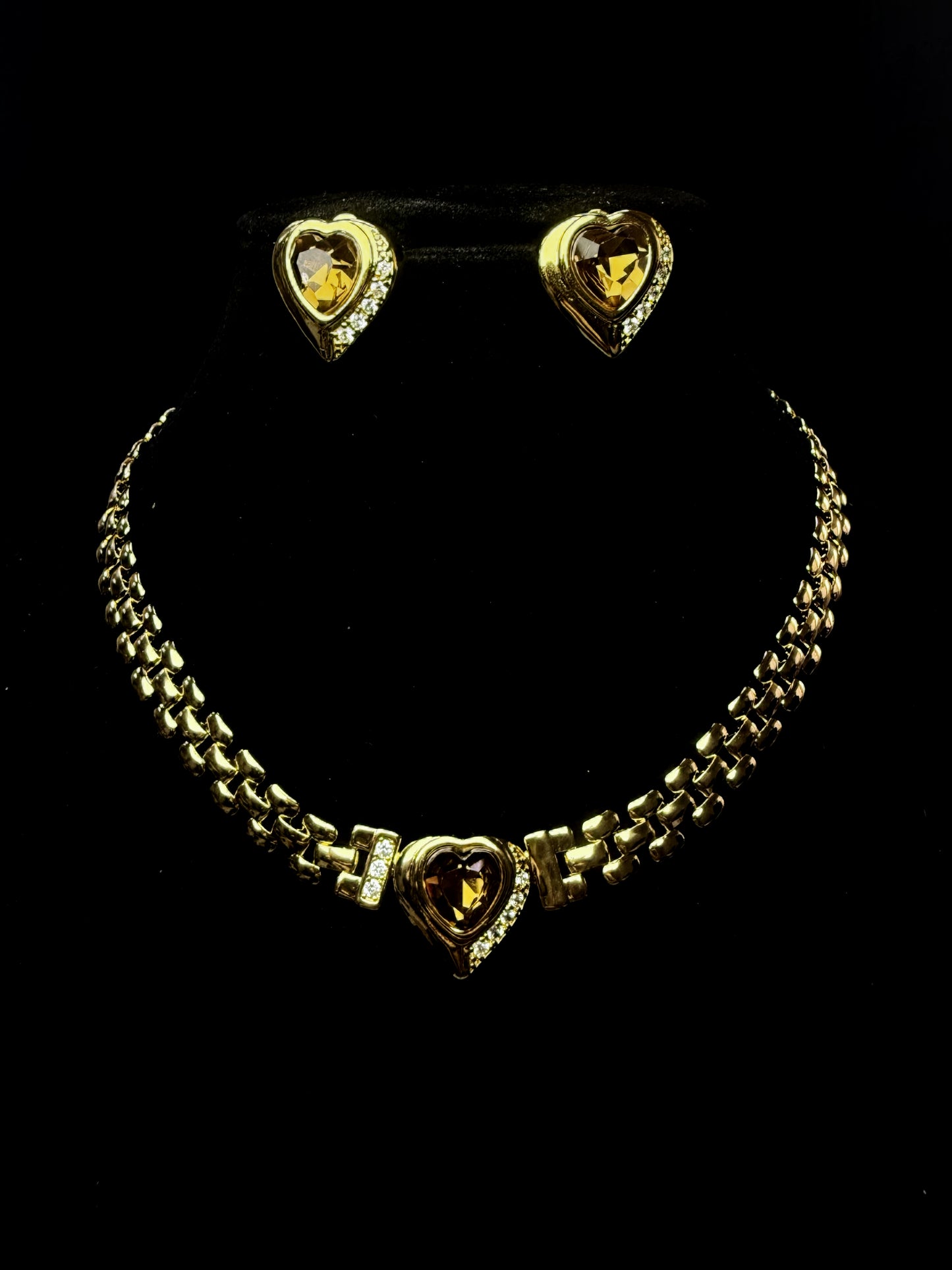 Vintage Smoky Quartz Heart Jewelry Set – Heavywork Gold-Plated Stud Earrings & Pendant Necklace