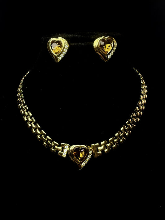 Vintage Smoky Quartz Heart Jewelry Set – Heavywork Gold-Plated Stud Earrings & Pendant Necklace