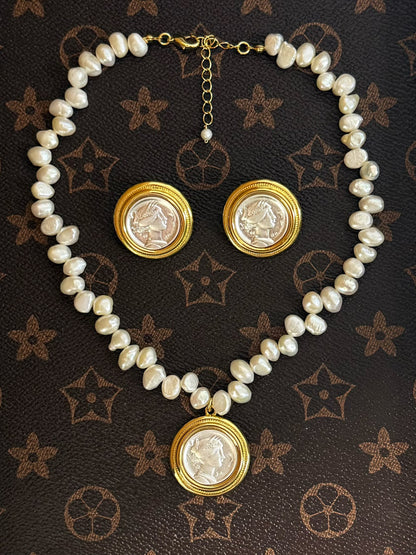 Vintage Baroque Pearl & Coin Pendant Jewelry Set – Asymmetrical Pearl Necklace, Gold-Plated Coin Necklace & Earrings