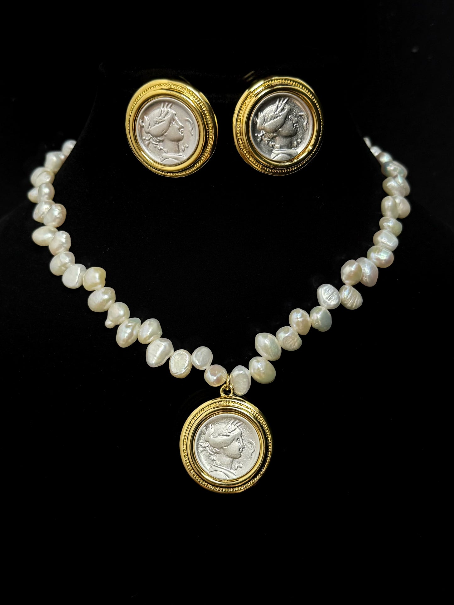 Vintage Baroque Pearl & Coin Pendant Jewelry Set – Asymmetrical Pearl Necklace, Gold-Plated Coin Necklace & Earrings