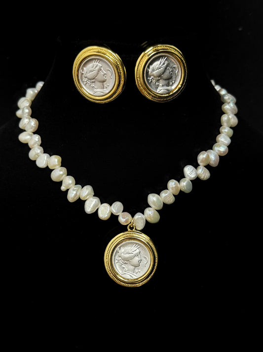 Vintage Baroque Pearl & Coin Pendant Jewelry Set – Asymmetrical Pearl Necklace, Gold-Plated Coin Necklace & Earrings