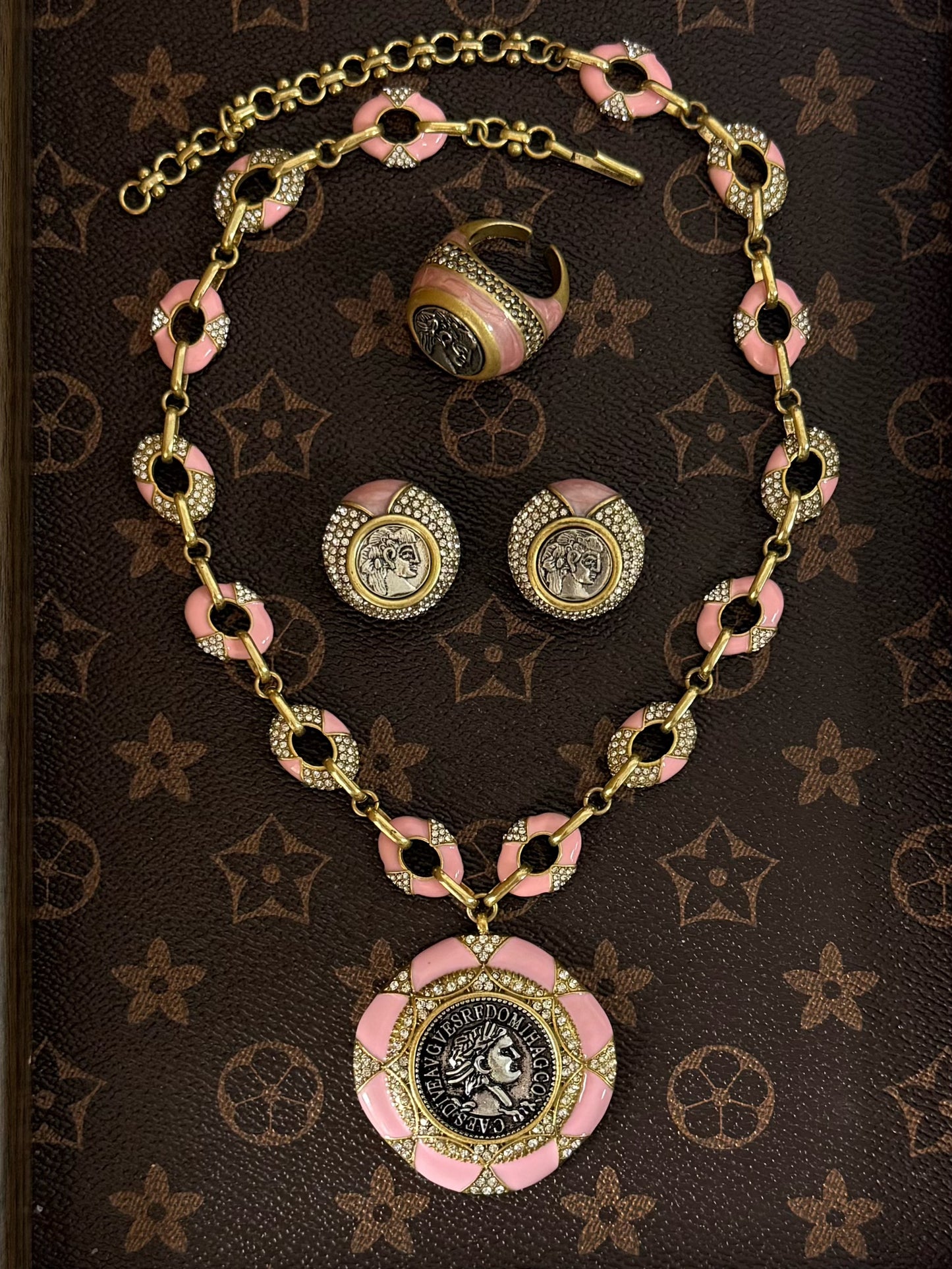Vintage Pink Enamel Coin Portrait Jewelry Set – Gold-Plated Earrings, Ring & Necklace Trio