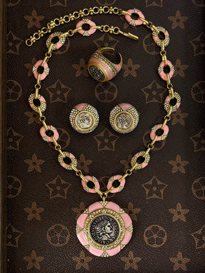 Vintage Pink Enamel Coin Portrait Jewelry Set – Gold-Plated Earrings, Ring & Necklace Trio