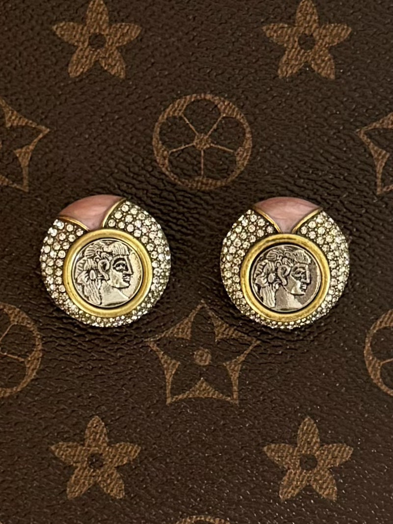Vintage Pink Enamel Coin Portrait Jewelry Set – Gold-Plated Earrings, Ring & Necklace Trio