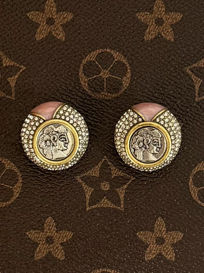 Vintage Pink Enamel Coin Portrait Jewelry Set – Gold-Plated Earrings, Ring & Necklace Trio