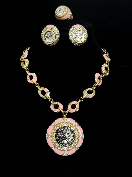Vintage Pink Enamel Coin Portrait Jewelry Set – Gold-Plated Earrings, Ring & Necklace Trio