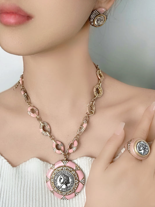 Vintage Pink Enamel Coin Portrait Jewelry Set – Gold-Plated Earrings, Ring & Necklace Trio